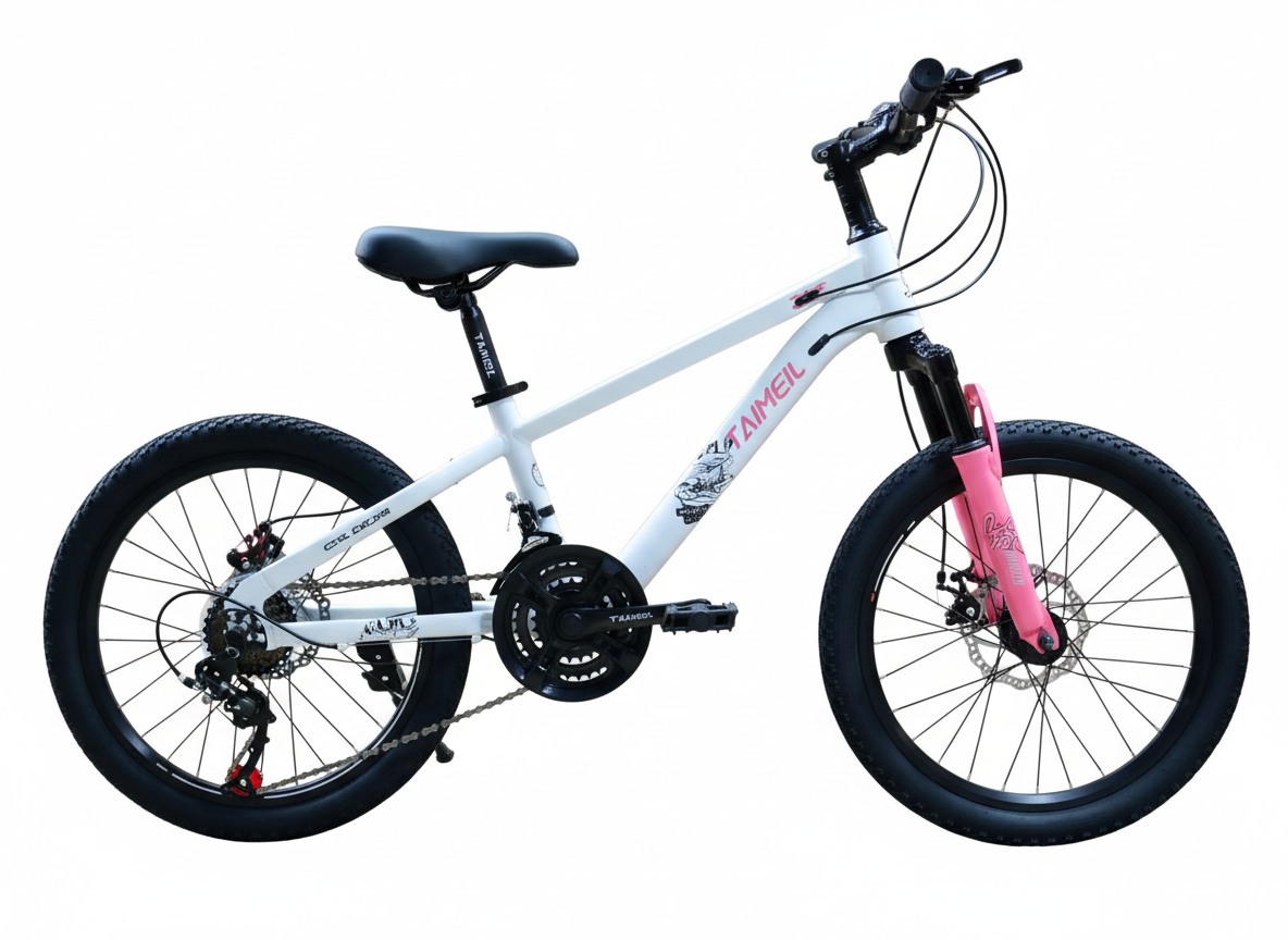 Bicicletă copii 20 inch albă cu frâne pe disc, suspensie față și 21 viteze