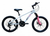 Bicicletă copii 20 inch albă cu frâne pe disc, suspensie față și 21 viteze