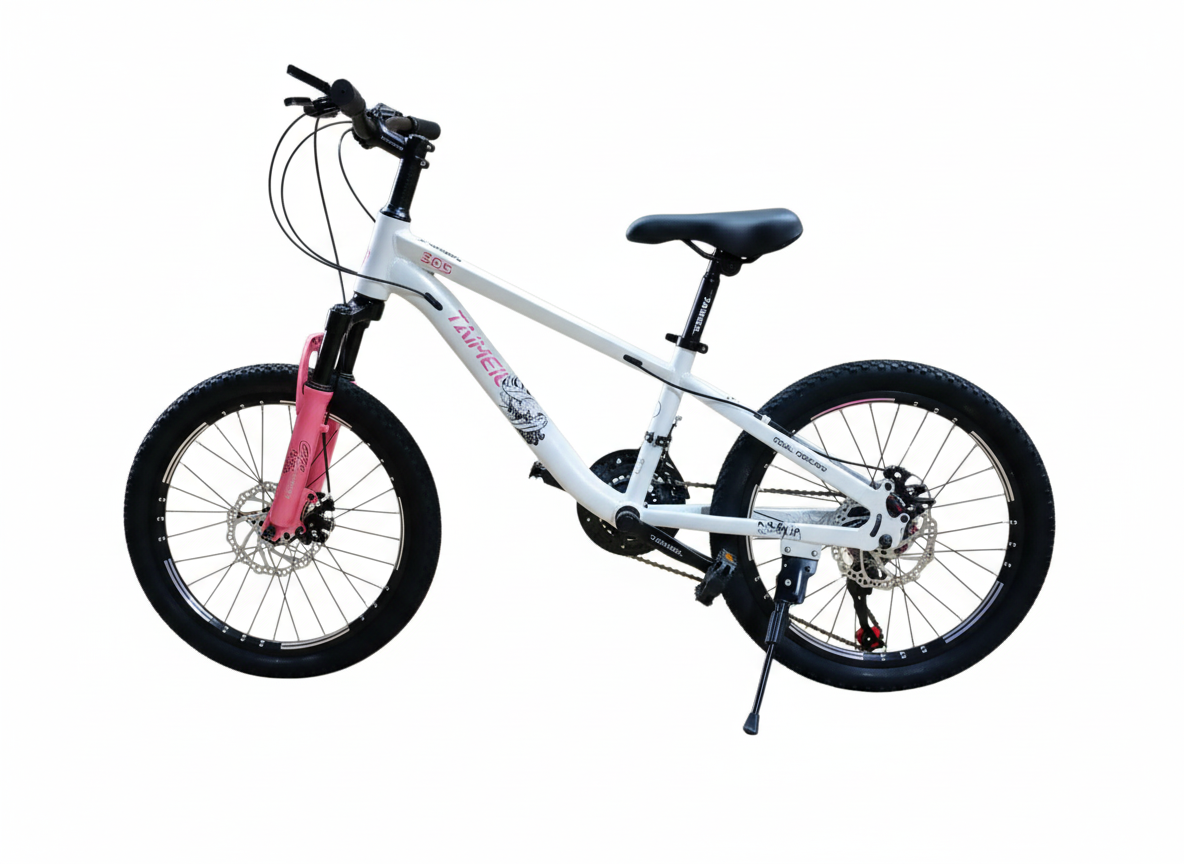 Bicicletă copii 20 inch albă cu frâne pe disc, suspensie față și 21 viteze