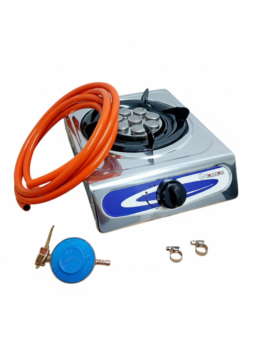 Aragaz portabil pe gaz – un ochi, include furtun 3 m + regulator gaz + 2 coliere