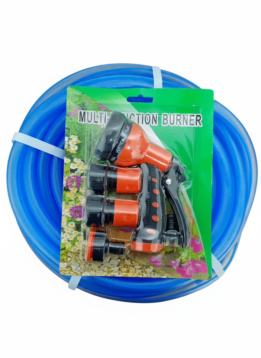 Furtun transparent 3/4, 50 m, diametru 22 mm + set pistol de udat cu 8 functii