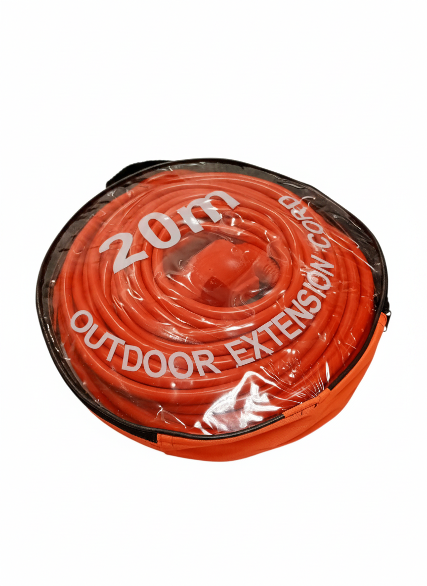 Prelungitor exterior 20 m, cablu 3×1,0 mm², cu priză (cuplă) și ștecher Schuko