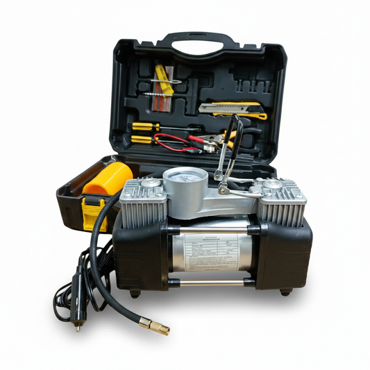 Compresor auto 12V cu 2 cilindri,  72 L/min – set complet cu cutie și scule