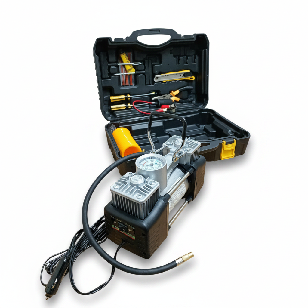 Compresor auto 12V cu 2 cilindri,  72 L/min – set complet cu cutie și scule