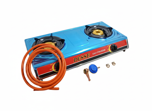 Aragaz portabil inox 2 ochiuri + furtun 3m + regulator + coliere – Aprindere Piezo