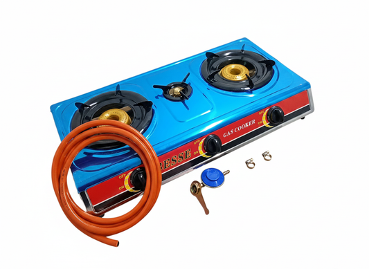Aragaz portabil inox 3 ochiuri + furtun 3m + regulator + coliere – Aprindere Piezo