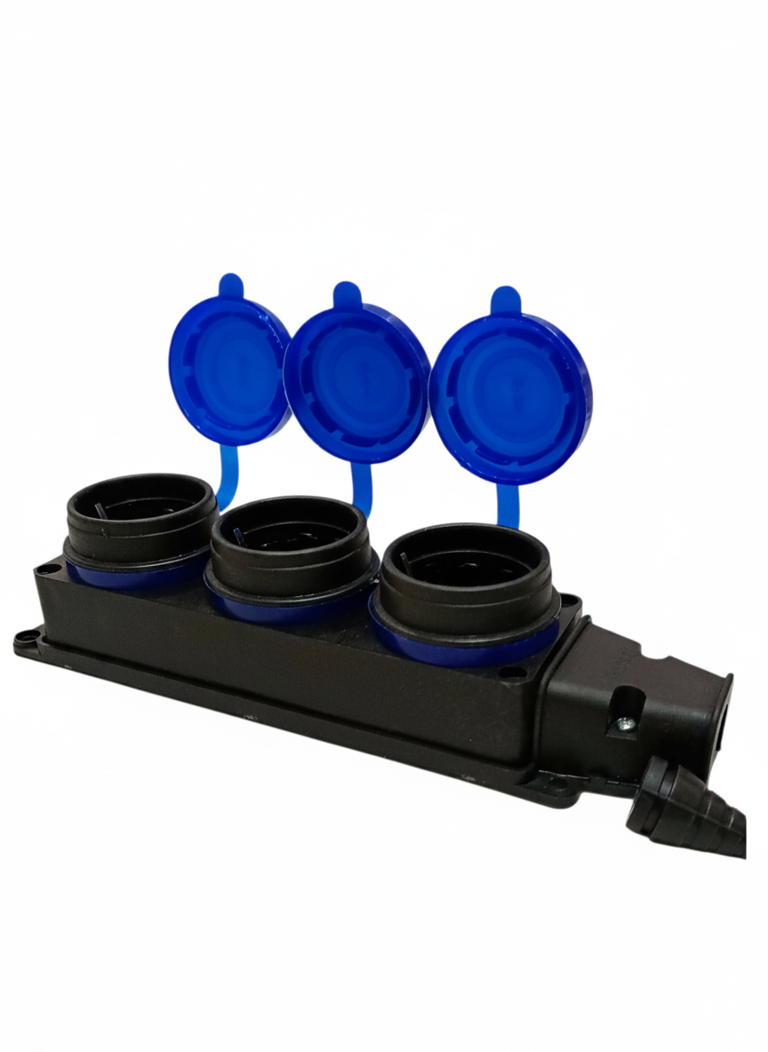 Cap prelungitor electric cu 3 prize, cu capace protecție, 235 × 60 mm, 10/16A 250V
