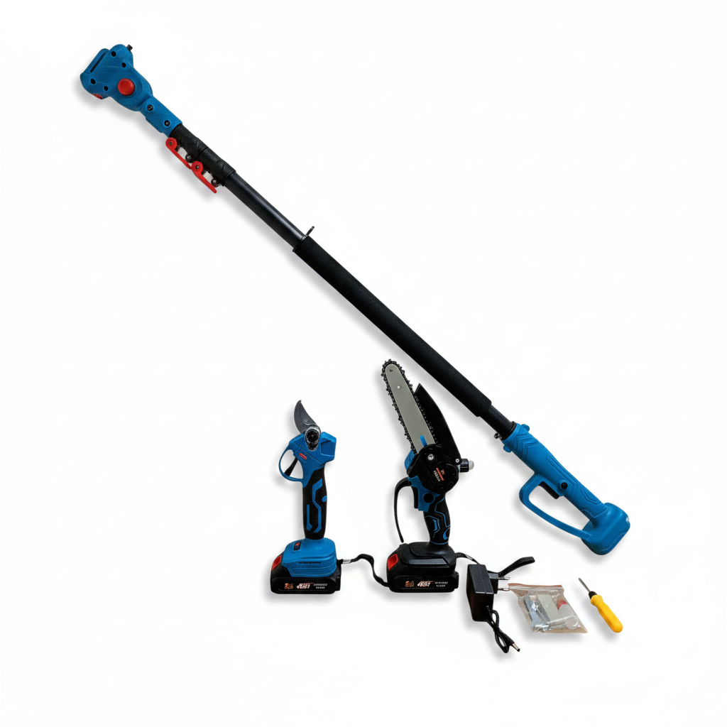 Set Profesional de Grădinărit 3-în-1: Tijă Telescopică (Până la 296 cm), Mini-Drujbă cu Pompă de Ungere, Foarfecă Electrică + 2 AcumulatorI