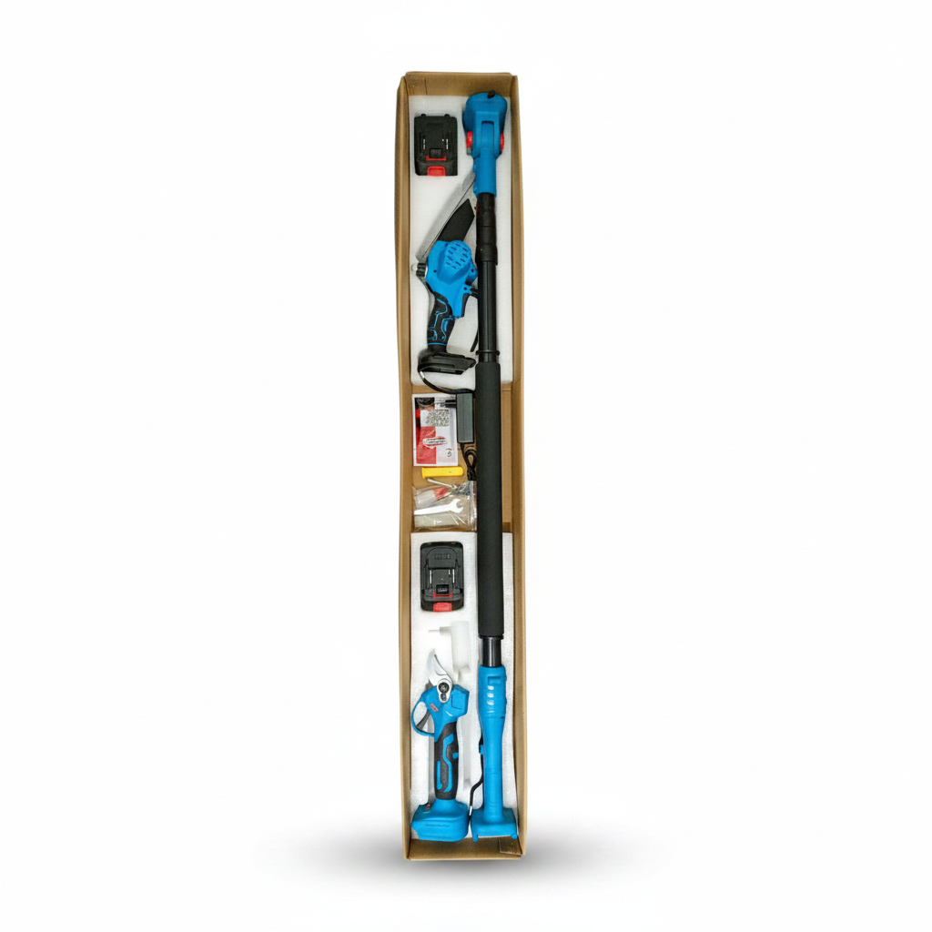Set Profesional de Grădinărit 3-în-1: Tijă Telescopică (Până la 296 cm), Mini-Drujbă cu Pompă de Ungere, Foarfecă Electrică + 2 AcumulatorI