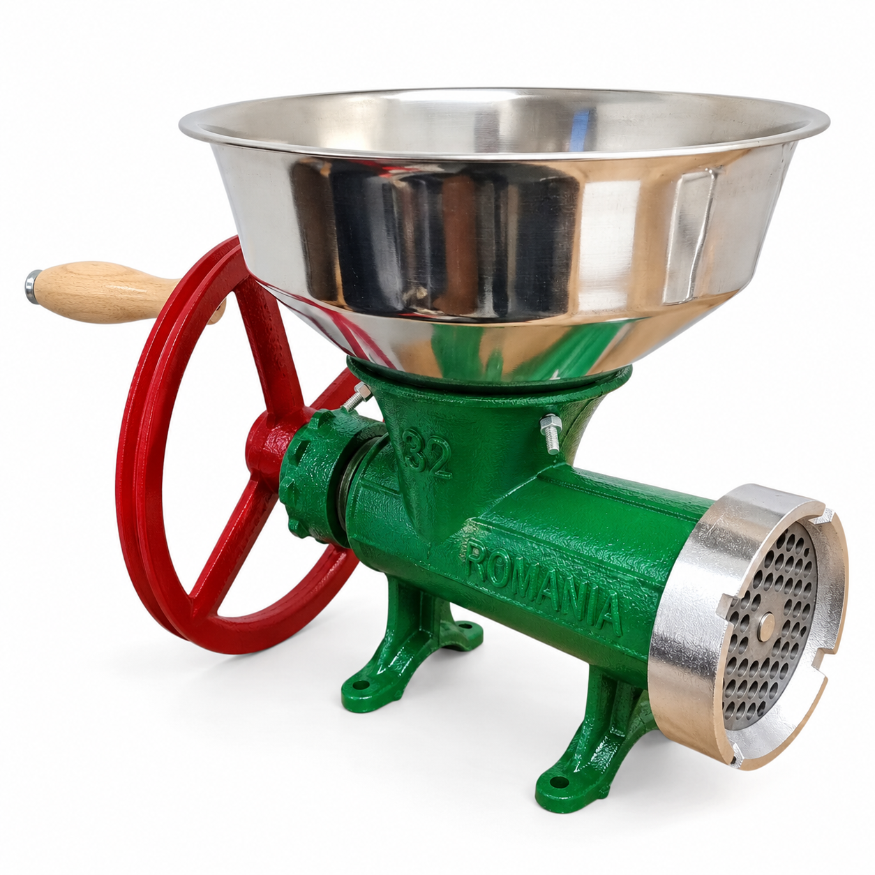 Mașină de tocat carne Nr. 32 cu rulment, pâlnie mare din inox, pâlnie cârnați inox Ø 2,2 cm, cuțit inox și sită inox 16 mm