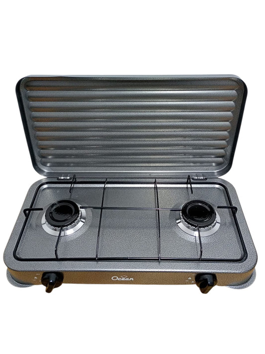 Aragaz portabil cu 2 ochiuri – carcasă metalică, capac protector