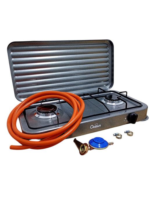 Aragaz portabil cu 2 ochiuri + furtun 3 m + regulator gaz + 2 coliere