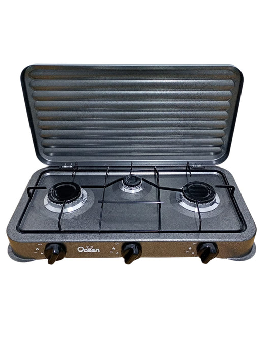 Aragaz portabil cu 3 ochiuri – carcasă metalică, capac protector