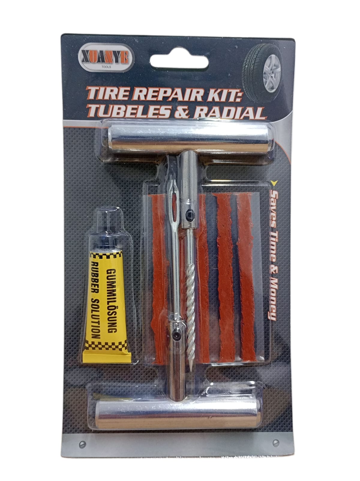 Kit reparații anvelope tubeless – set complet cu șnururi, adeziv și unelte metalice