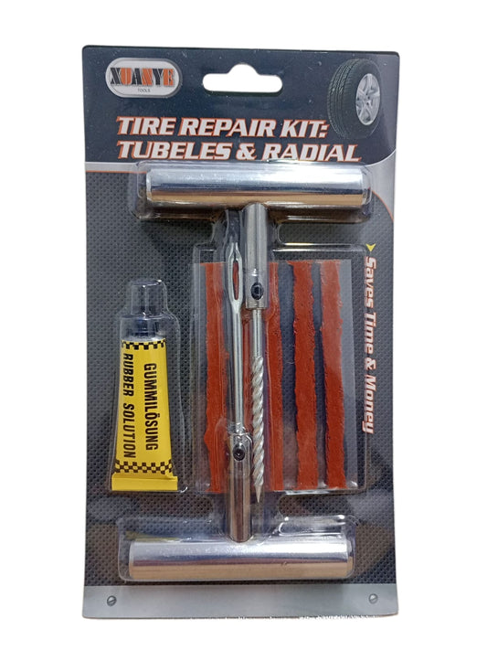 Kit reparații anvelope tubeless – set complet cu șnururi, adeziv și unelte metalice
