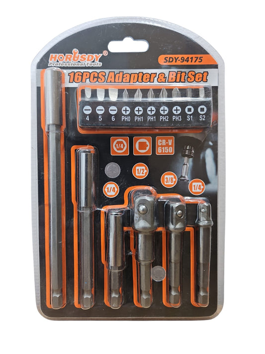 Set adaptoare și biți 16 piese – CR-V, prindere hexagonală 1/4, 3/8, 1/2
