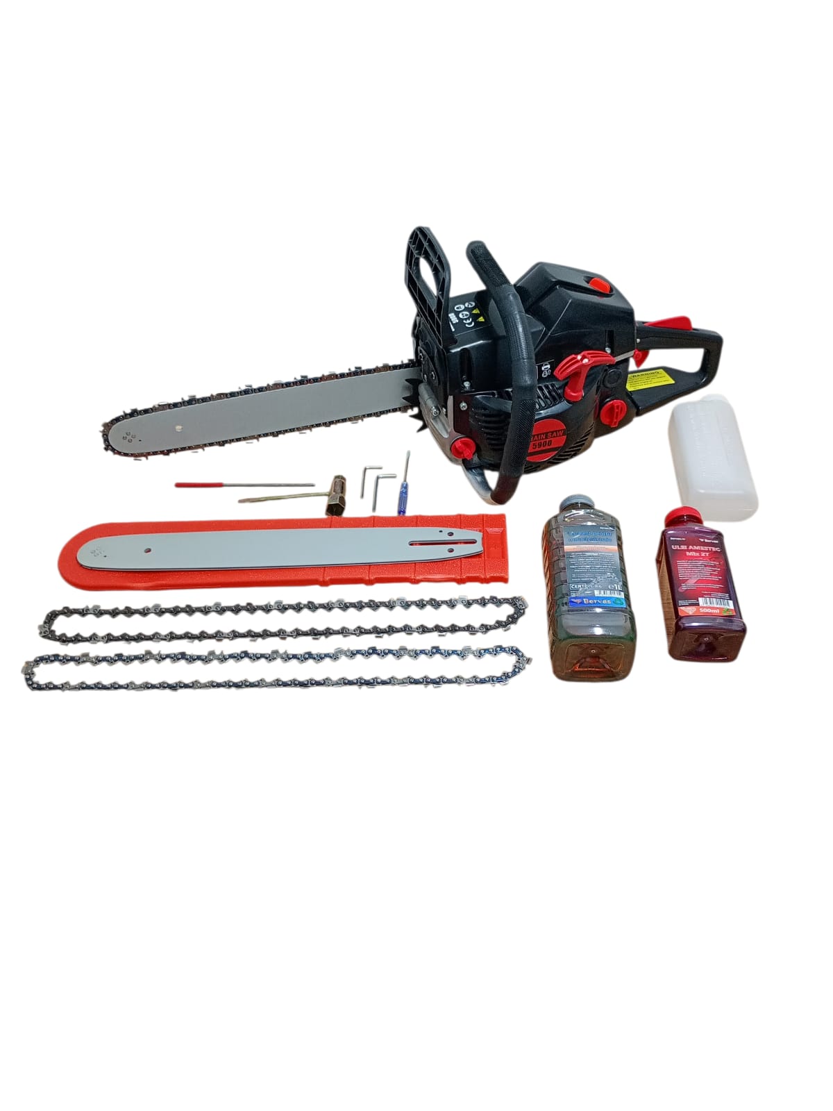 Motofierăstrău 5500 – 52cc, 2.0 kW, 3 Lanțuri + 2 Lame, 1 ulei ungere,1 ulei amestec