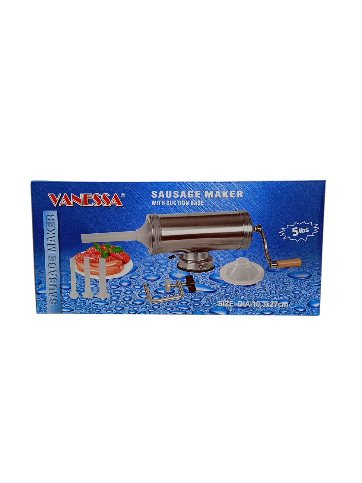 Mașină de umplut cârnați 2,5 kg (5 lbs) – inox, orizontal, cu ventuză și accesoriu pentru prindere pe masă