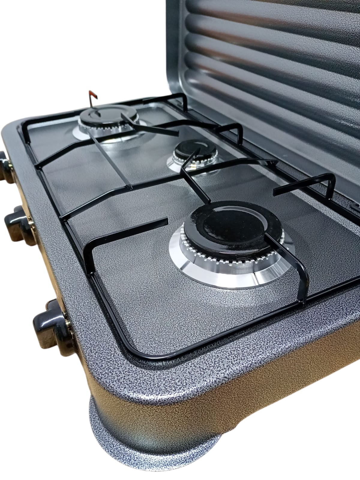 Aragaz portabil cu 3 ochiuri + furtun 3 m + regulator gaz + 2 coliere