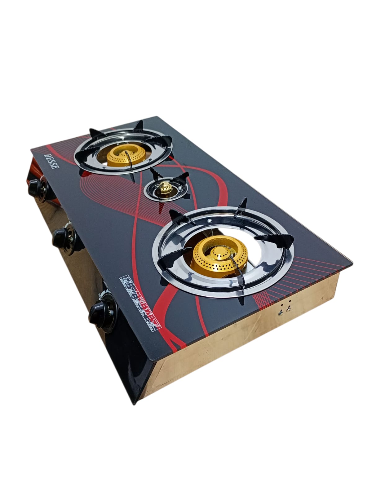 Aragaz cu 3 Arzătoare din Fontă, Blat din Sticlă Temperată, Aprindere Piezo