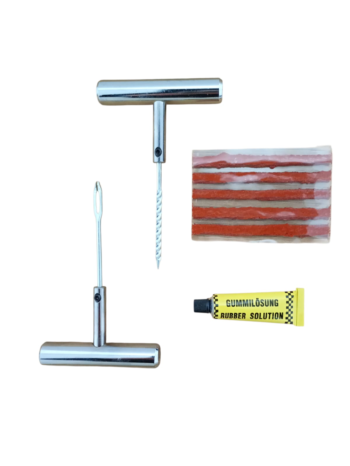 Kit reparații anvelope tubeless – set complet cu șnururi, adeziv și unelte metalice