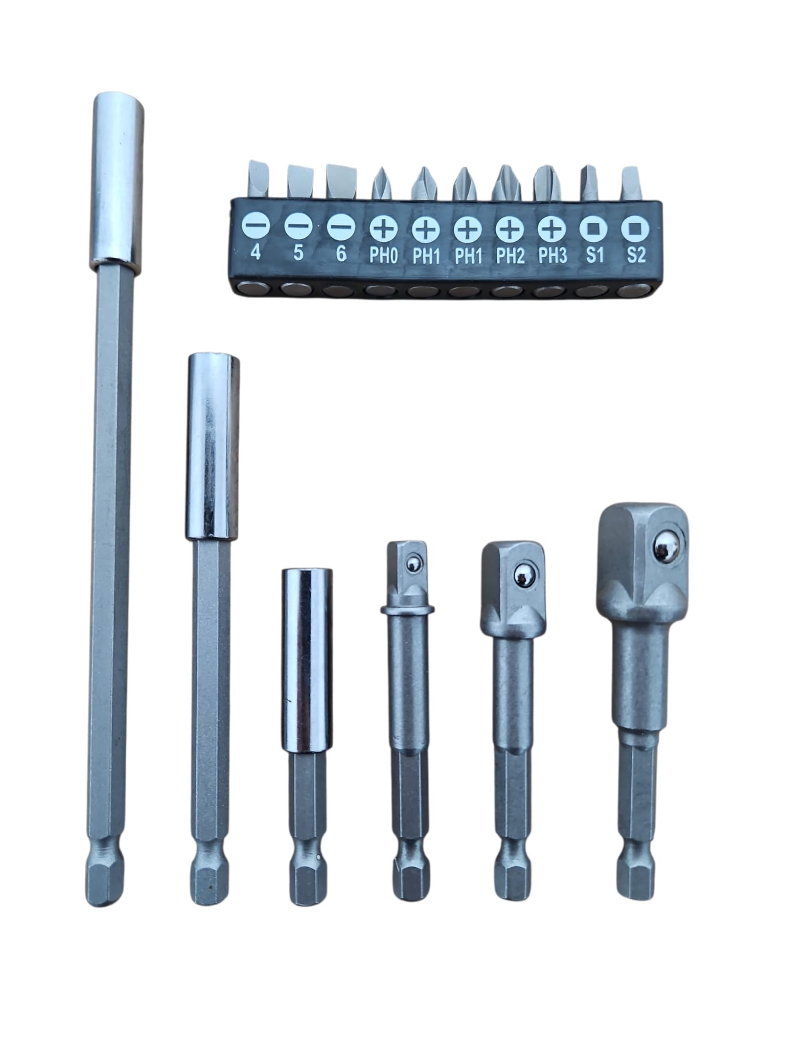 Set adaptoare și biți 16 piese – CR-V, prindere hexagonală 1/4, 3/8, 1/2
