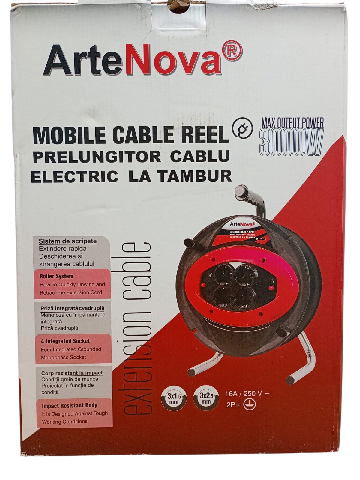 Prelungitor Electric la Tambur 40 m, Cablu 3×2.5 mm, 4 Prize, 3000W – ArteNova