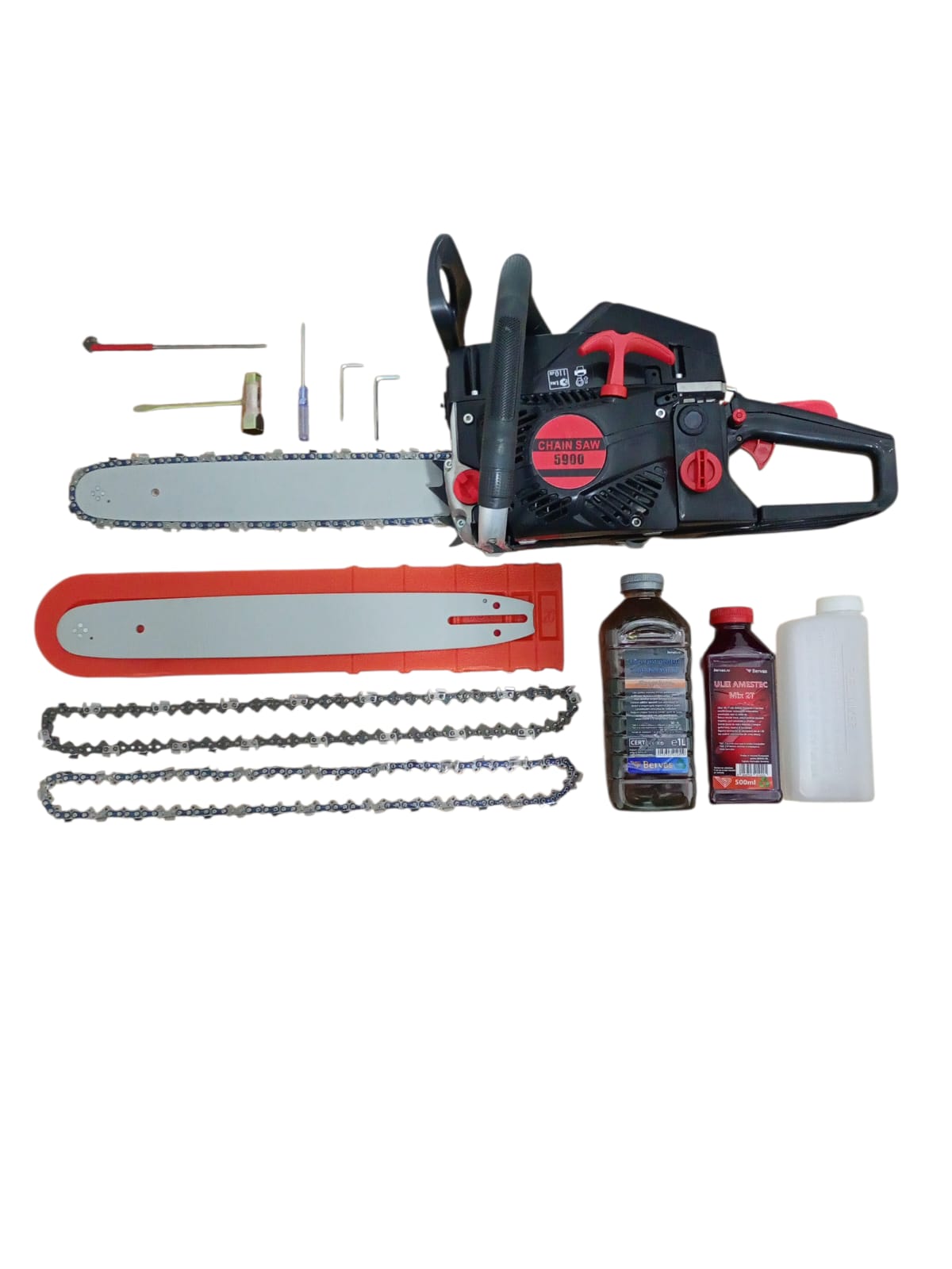 Motofierăstrău 5500 – 52cc, 2.0 kW, 3 Lanțuri + 2 Lame, 1 ulei ungere,1 ulei amestec