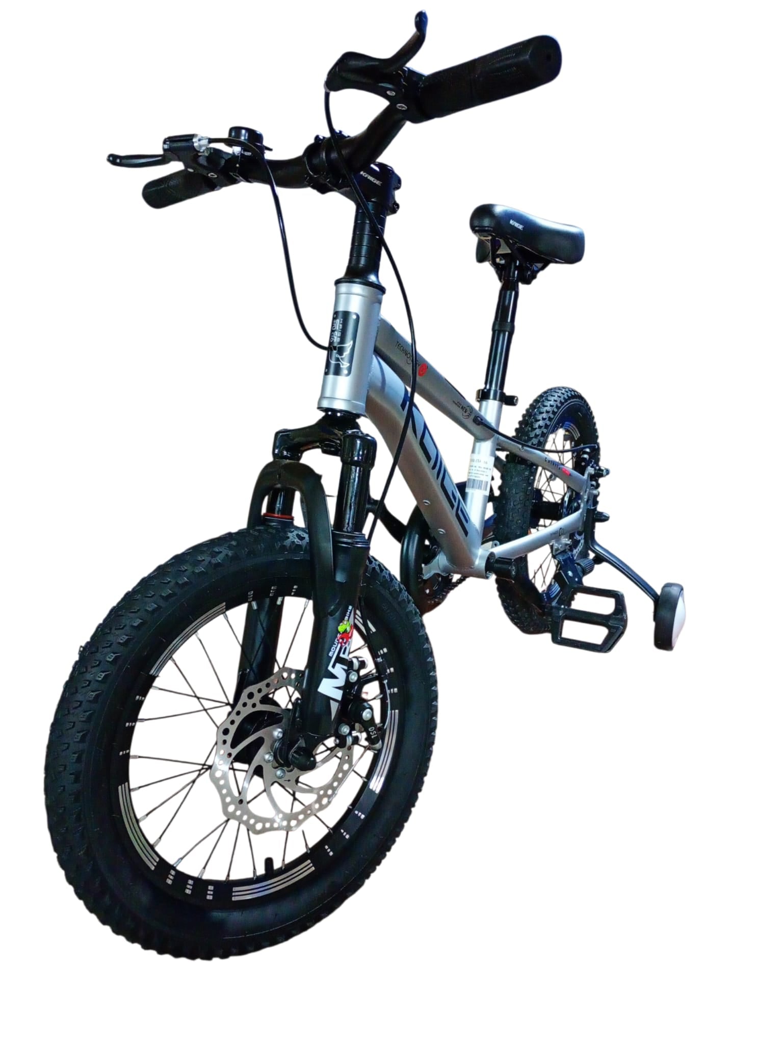 Bicicletă copii 16 inch gri metalizat cu frână pe disc și amortizor față