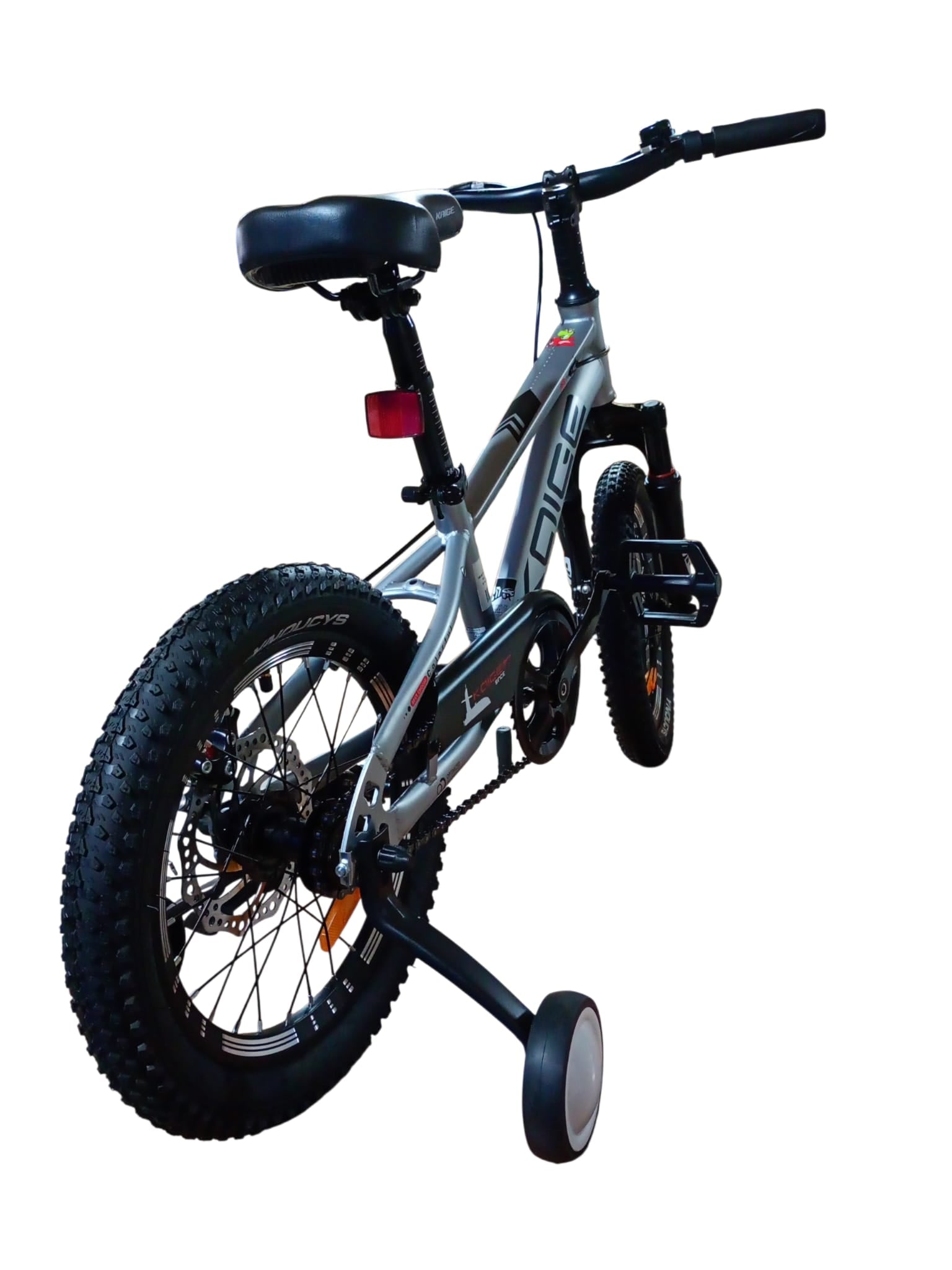 Bicicletă copii 16 inch gri metalizat cu frână pe disc și amortizor față