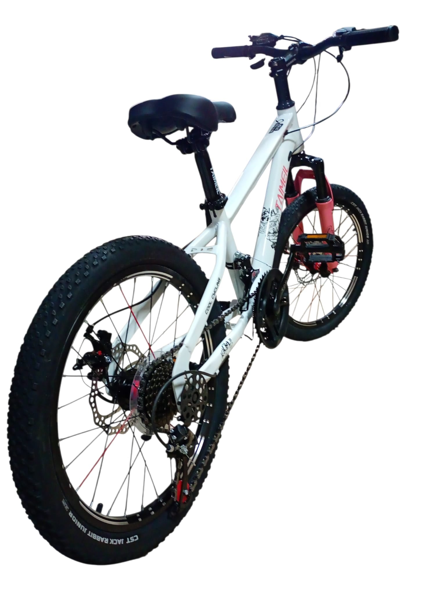 Bicicletă copii 20 inch albă cu frâne pe disc, suspensie față și 21 viteze