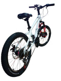 Bicicletă copii 20 inch albă cu frâne pe disc, suspensie față și 21 viteze