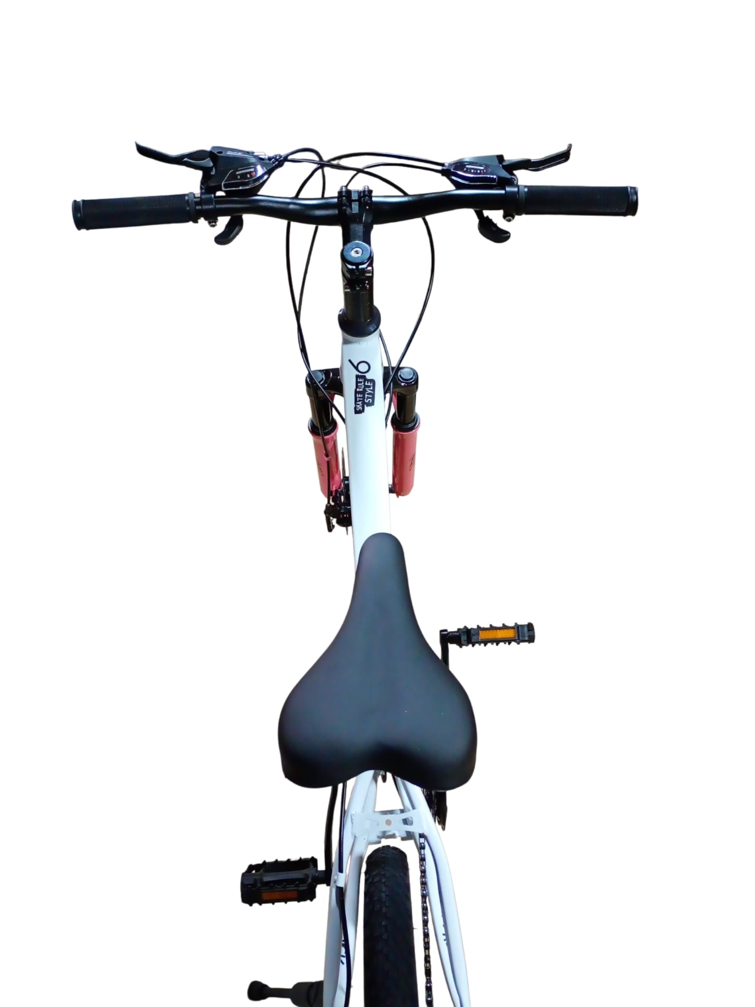 Bicicletă copii 20 inch albă cu frâne pe disc, suspensie față și 21 viteze