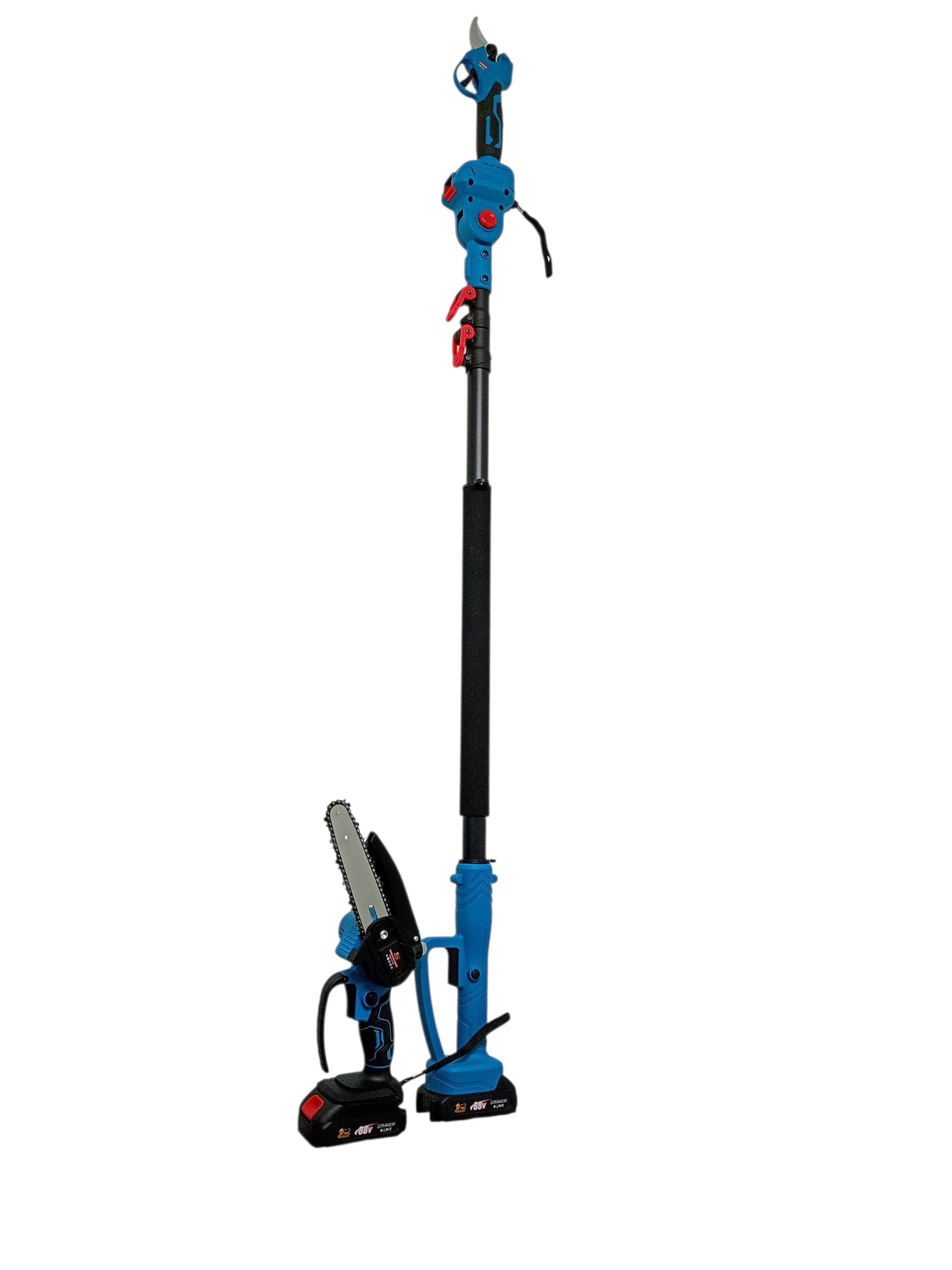 Set Profesional de Grădinărit 3-în-1: Tijă Telescopică (Până la 296 cm), Mini-Drujbă cu Pompă de Ungere, Foarfecă Electrică + 2 AcumulatorI