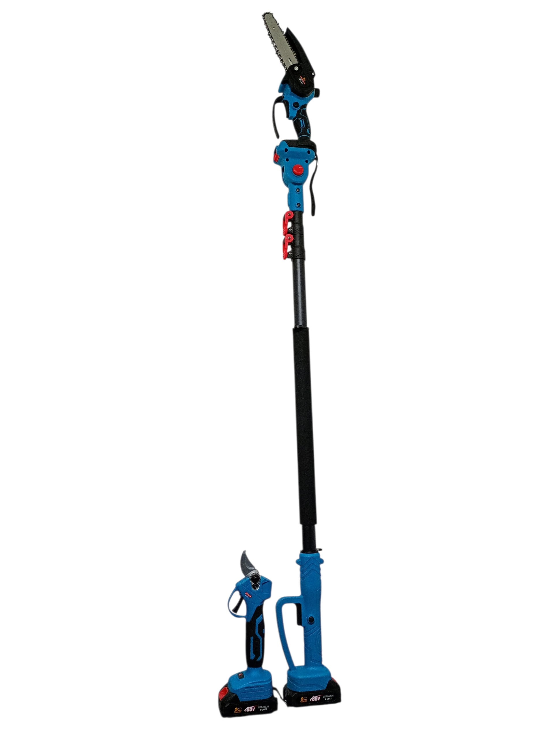 Set Profesional de Grădinărit 3-în-1: Tijă Telescopică (Până la 296 cm), Mini-Drujbă cu Pompă de Ungere, Foarfecă Electrică + 2 AcumulatorI