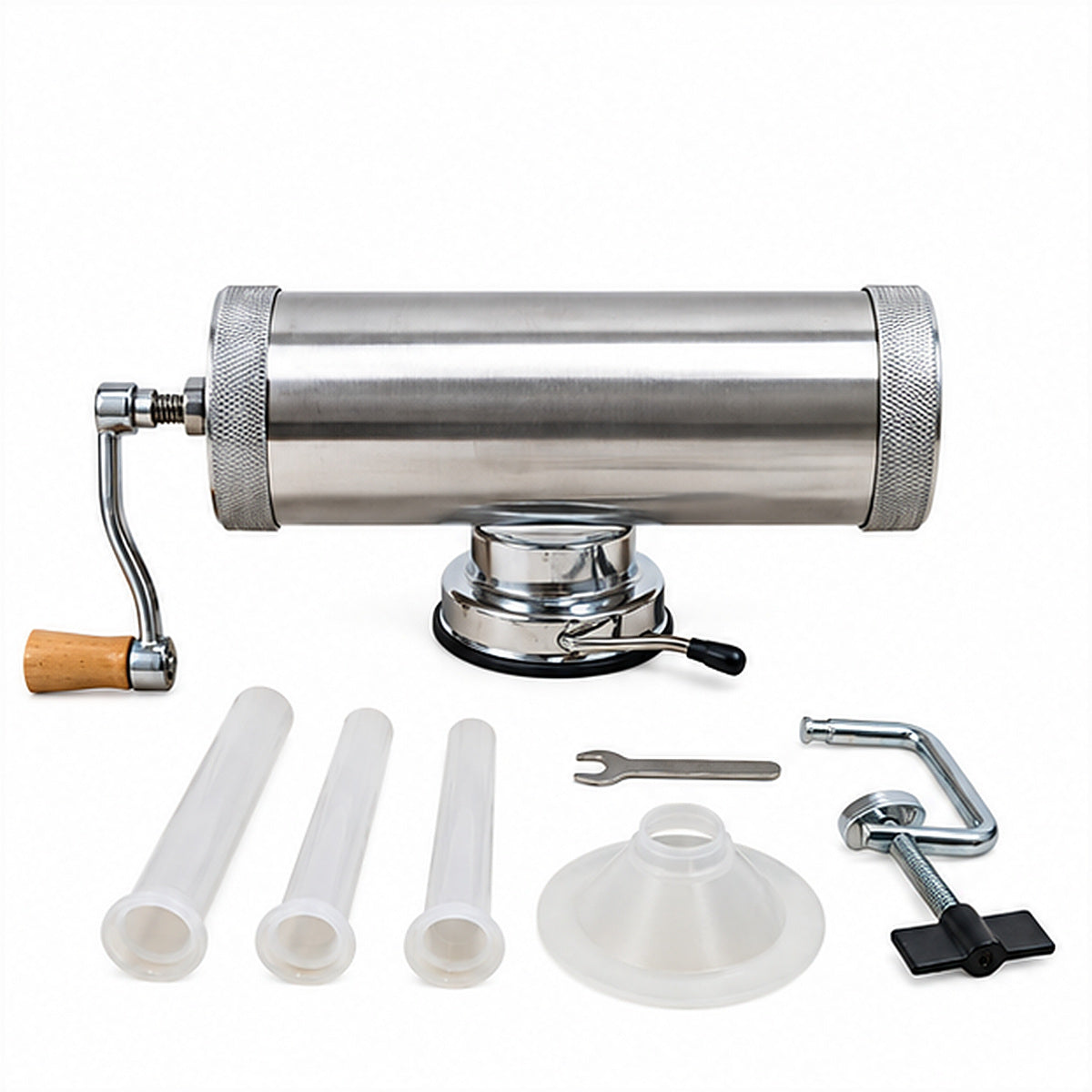 Mașină de umplut cârnați 2,5 kg (5 lbs) – inox, orizontal, cu ventuză și accesoriu pentru prindere pe masă