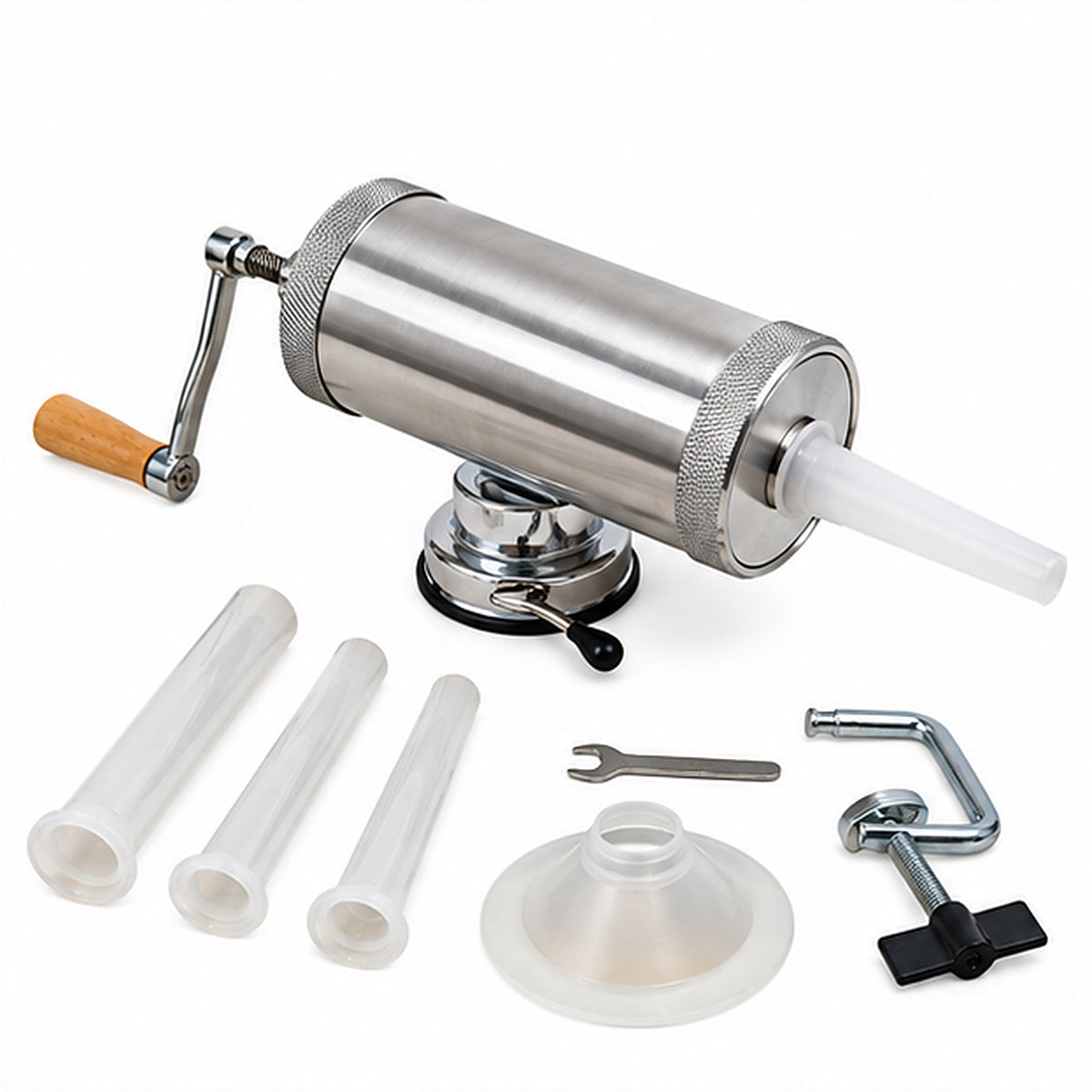 Mașină de umplut cârnați 2,5 kg (5 lbs) – inox, orizontal, cu ventuză și accesoriu pentru prindere pe masă