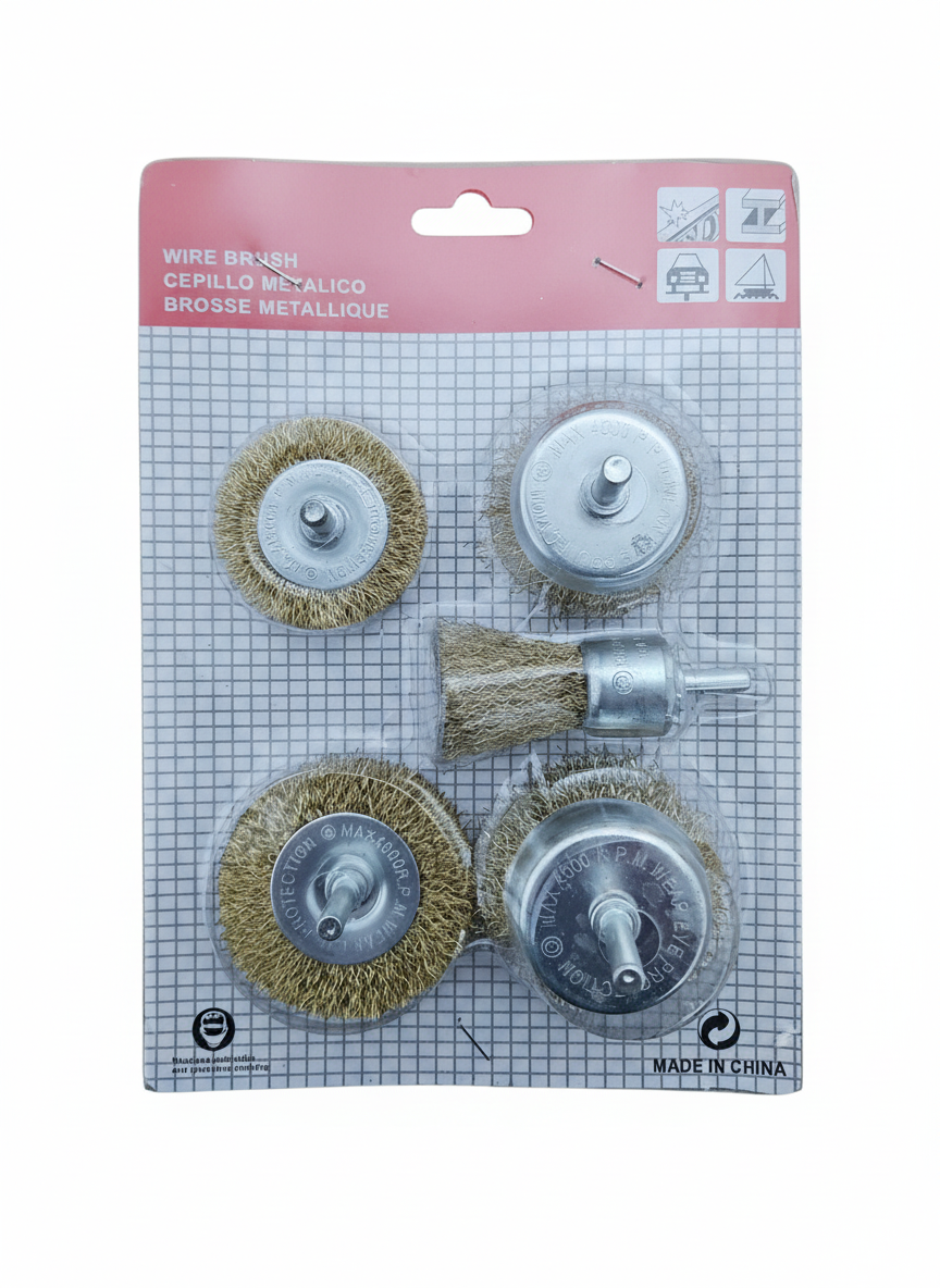Set 5 Perii de Sârmă pentru Bormașină – Plate + Cupă (Coadă Lungă 30 mm)