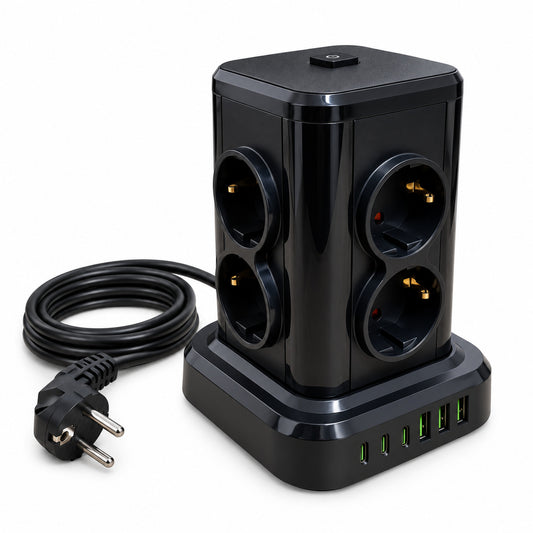 Prelungitor negru tip turn NS-8608 cu 8 prize, 3 USB-C, 3 USB-A și cablu circular, vedere din dreapta