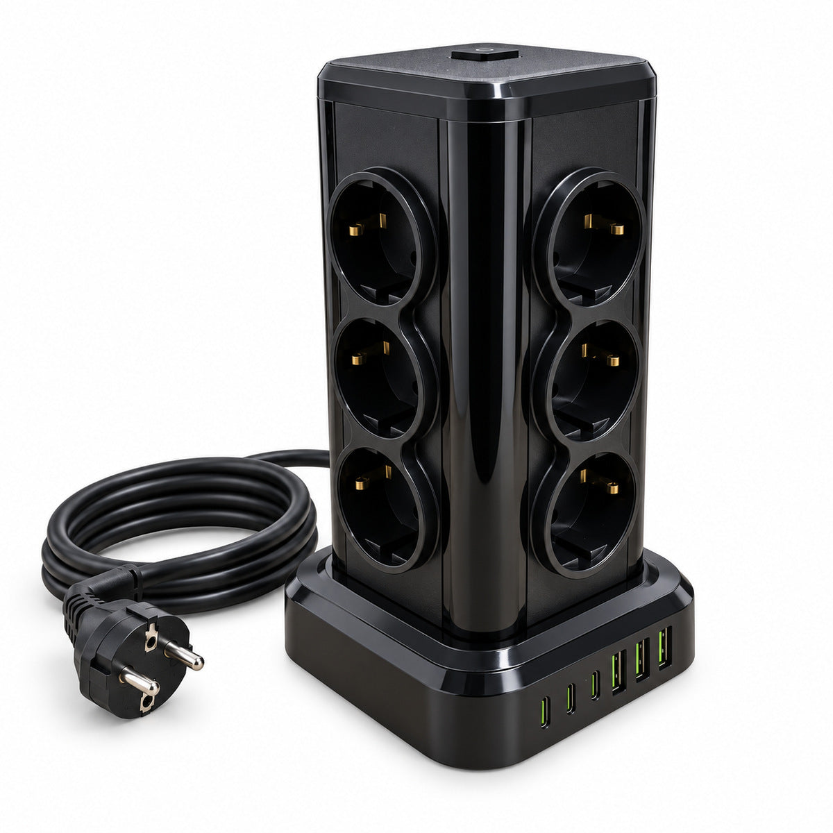 Prelungitor electric negru tip turn NS-8612, 12 prize, 3 USB-C și 3 USB-A, cu cablu circular, vedere 1