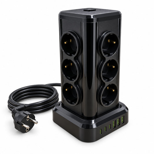 Prelungitor electric negru tip turn NS-8612, 12 prize, 3 USB-C și 3 USB-A, cu cablu circular, vedere 1
