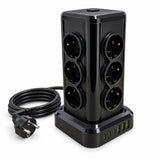 Prelungitor electric negru tip turn NS-8612, 12 prize, 3 USB-C și 3 USB-A, cu cablu circular, vedere 1