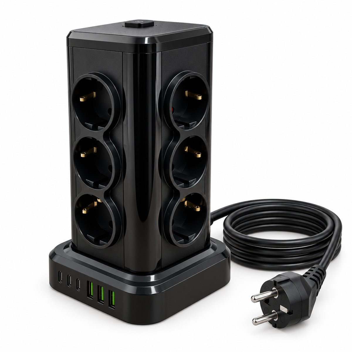 Prelungitor electric negru tip turn NS-8612, 12 prize, 3 USB-C și 3 USB-A, cu cablu circular, vedere 2