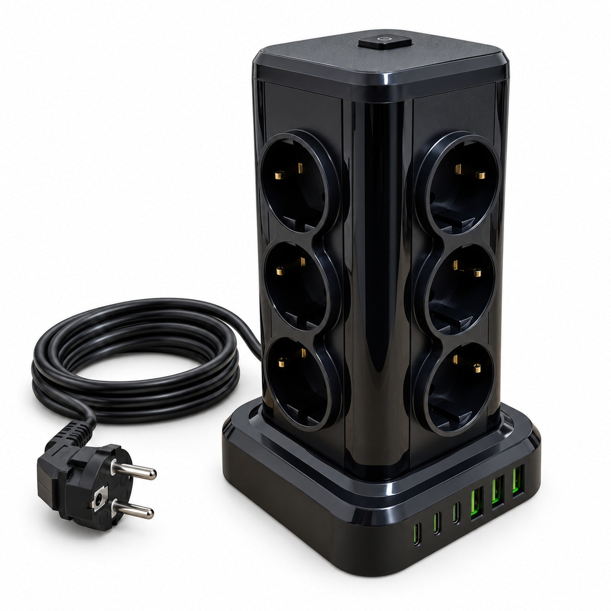 Prelungitor electric negru tip turn NS-8612, 12 prize, 3 USB-C și 3 USB-A, cu cablu circular, vedere 3