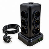 Prelungitor electric negru tip turn NS-8612, 12 prize, 3 USB-C și 3 USB-A, cu cablu circular, vedere 3
