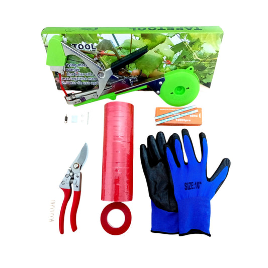 Set aparat legat viță de vie + 20 benzi + 10.000 capse + foarfecă vie + mănuși protecție