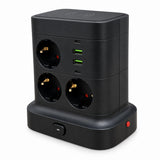 Prelungitor electric negru tip turn, cu porturi USB-C și USB-A, întrerupător și buton Reset, pe fundal alb
