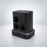 Prelungitor electric negru tip turn, prize și porturi USB-C și USB-A, pe fundal gri