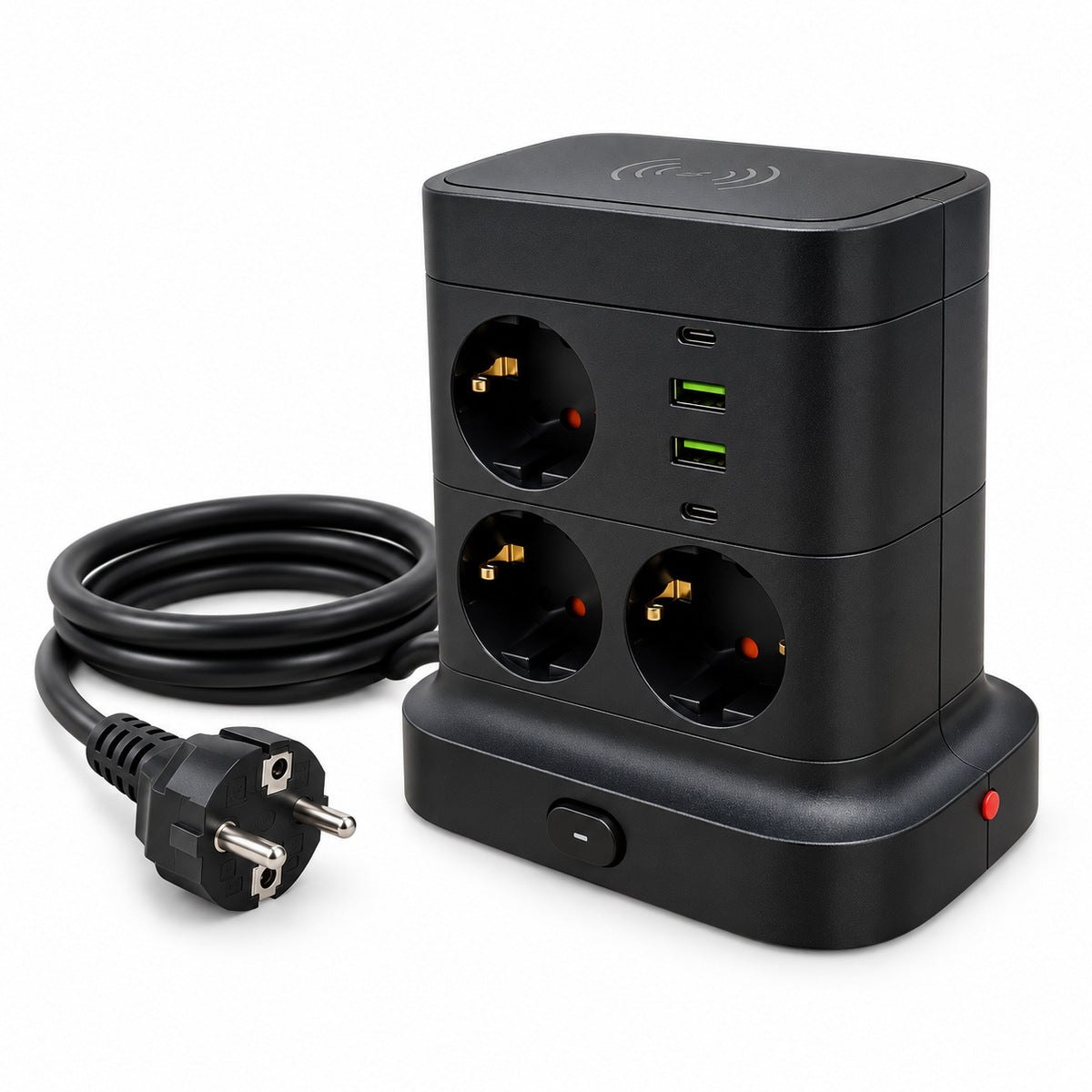 Prelungitor electric tip turn, vedere din față cu porturi USB, cablu negru aranjat și ștecăr european
