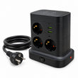 Prelungitor electric tip turn, vedere din față cu porturi USB, cablu negru aranjat și ștecăr european